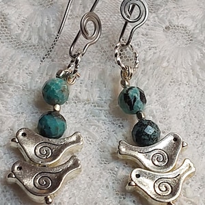 Silver Bird Earrings with Turquoise • Dainty Artisan Bird Jewelry
