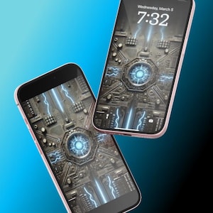 May include: Two smartphones with black bezels and a dark gray background. The screens display a digital clock and a futuristic, metallic, circuit board design with blue lightning bolts.