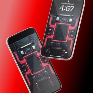 May include: Two black smartphones with red glowing circuit board designs on the screen. The top phone displays the time 4:57 and the date Monday, March 3.