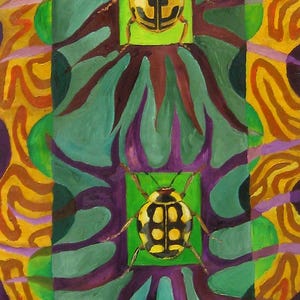 Marietes Crete, Oil painting on canvas, Original and unique work, Wall art, Fauvist art decoration, ladybugs beetles colors