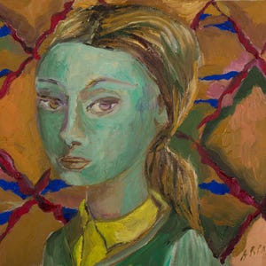 Amber Vitale, Pintura al óleo sobre cartón entelado, Obra original i única, Arte pared, decoración Arte Fauvista, chica verde con coleta