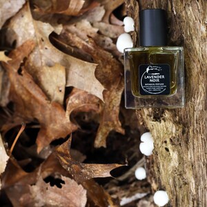May include: A small glass bottle of Lavender Noir botanical perfume by Phoenix Botanicals. The bottle is sitting on a piece of tree bark with white mushrooms growing on it. The bottle is clear and the liquid inside is a light amber color. The label is black with white text and features a stylized image of a lavender flower.