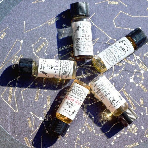 Set of 5 Natural Perfume Minis ~ CHOOSE YOUR SCENTS - decadent scent art, sample set, organic, 100% natural, 1ml each