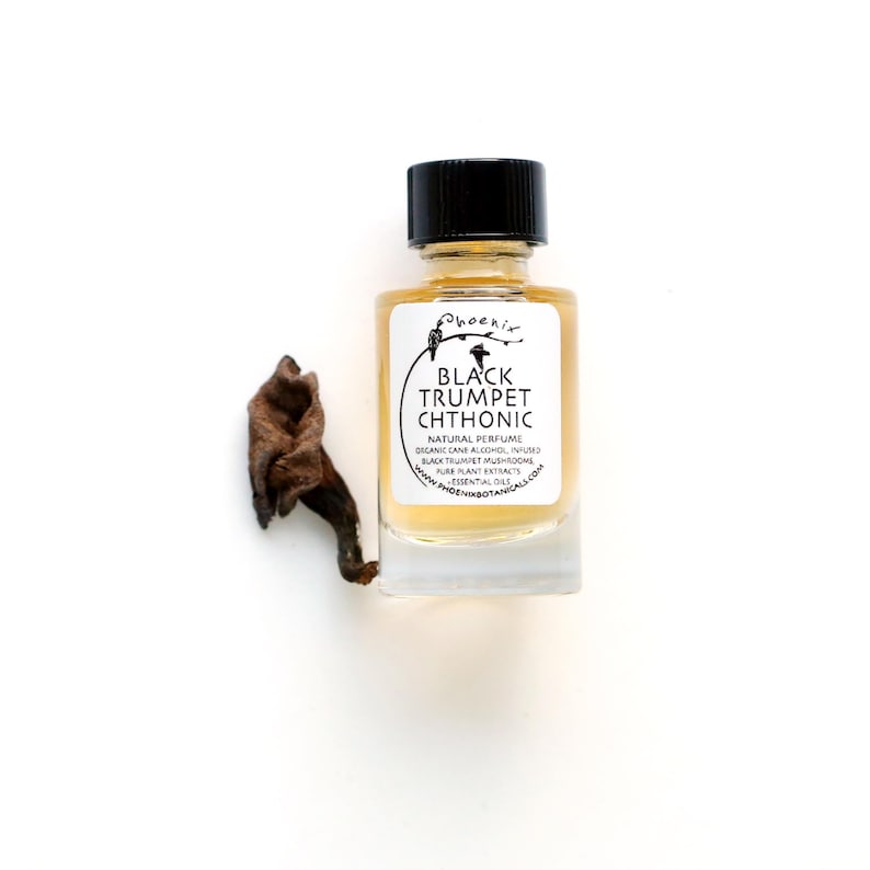 May include: A small glass bottle with a black cap and a yellow liquid inside. The label reads "Phoenix Black Trumpet Chthonic Natural Perfume Organic Cane Alcohol Infused Black Trumpet Mushrooms Pure Plant Extracts PhoenixBotanicals.com".