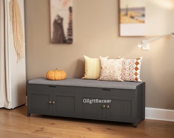 54 Inch Blue Entryway Bench, Lift Top Storage, Cushioned Seat, Cabinet Doors