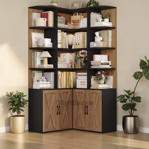 L-Shaped Corner Bookcase with Doors – Farmhouse Wood Grain Cabinet, 4-Tier Bookshelf