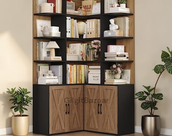 Librería esquinera en forma de L con puertas – Armario de madera estilo rústico, estantería de 4 niveles