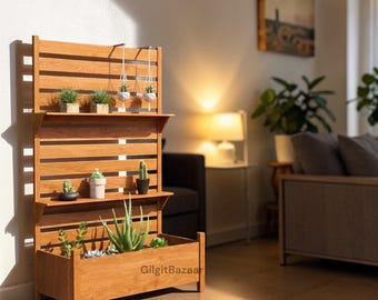 Mampara de privacidad exterior con macetero, separador de patio independiente de madera maciza / Mampara de jardín de 185 cm de altura con estante de 2 niveles.