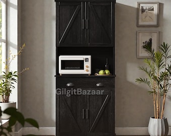 Alacena rústica de 183 cm (72") - Aparador de cocina negro con soporte para microondas