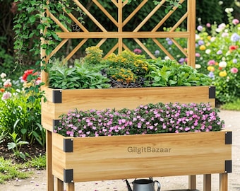 Huerto elevado de madera de 2 niveles con enrejado, jardinera elevada con patas para verduras, hierbas y flores, decoración de jardín exterior de madera de abeto.