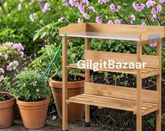 Natural Fir Wood Potting Bench, Outdoor Garden Workstation with Metal Tabletop, Planting Table, Storage Shelf, Tool Hooks, Patio Decor