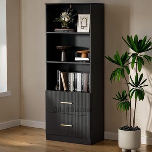 May include: A tall, black bookcase with multiple shelves and two drawers. The drawers have gold-colored handles and a vertical grooved design. The shelves display books, decorative items, and a framed picture. A potted plant with green leaves is next to the bookcase.