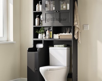 Over Toilet Storage Cabinet | White Modern Minimalist, Glass Doors, TP Holder
