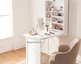 Escritorio plegable de pared, mesa flotante convertible plegable, escritorio abatible que ahorra espacio con estantes de almacenamiento, oficina doméstica compacta