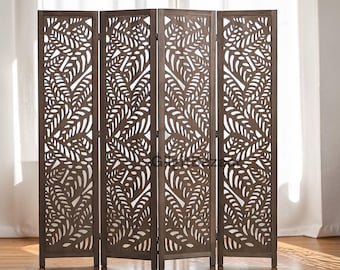 Leaf-Carved Wooden Room Divider – 4 Panel Folding Screen, Natural Wood Partition