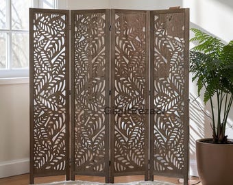 Biombo de madera con diseño de hojas talladas – Biombo plegable de 4 paneles, tabique de madera natural