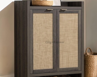 Zapatero con puerta de ratán – Almacenamiento de madera rústico de 6 niveles