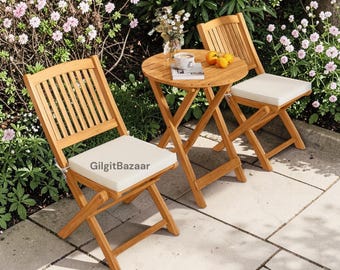 Conjunto de bistró de madera de cacia para patio, mesa y sillas plegables para exteriores con cojines / Conjunto de muebles de patio de 3 piezas / Asientos para balcón, jardín y patio trasero
