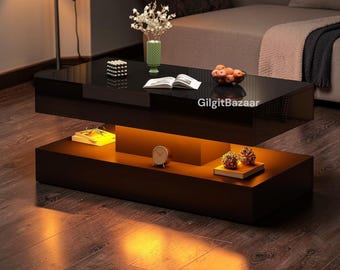 Mesa de centro LED de 47 pulgadas con acabado brillante y 2 cajones, moderna pieza central con iluminación RGB.