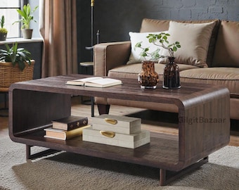 Table basse incurvée moderne avec étagère de rangement - Table de salon en bois minimaliste
