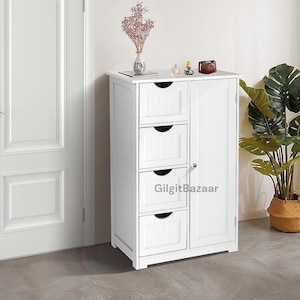 White Bathroom Storage Cabinet with 4 Drawers, Slim Farmhouse Floor Cabinet, Adjustable Shelf Organizer for Bathroom Kitchen