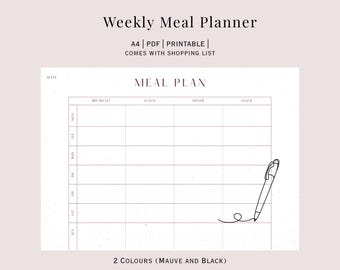 Weekly Meal Planner and Shopping List, Printable PDF Template, Food Plan, Menu Planner, Print at Home