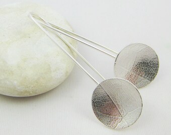 Sterling Silver Leaf Texture Circle Earrings, Contemporary Modern