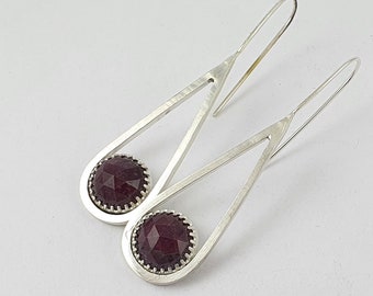 Sterling Silver and Ruby Earrings, Ruby Teardrop Earrings, Rosecut Ruby Earrings, Red Gemstone Earrings, Artisan Earrings, Contemporary