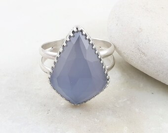 Blue Chalcedony Ring, Large Kite Shaped Gemstone Ring, Rosecut Chalcedony Ring, Blue Cocktail Ring, Sterling Silver Statement Ring