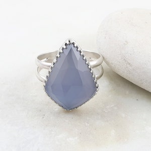 Blue Chalcedony Ring, Large Kite Shaped Gemstone Ring, Rosecut Chalcedony Ring, Blue Cocktail Ring, Sterling Silver Statement Ring