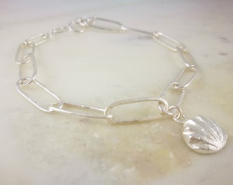 Handmade Sterling Silver Shell Charm Bracelet, Hammered Chain