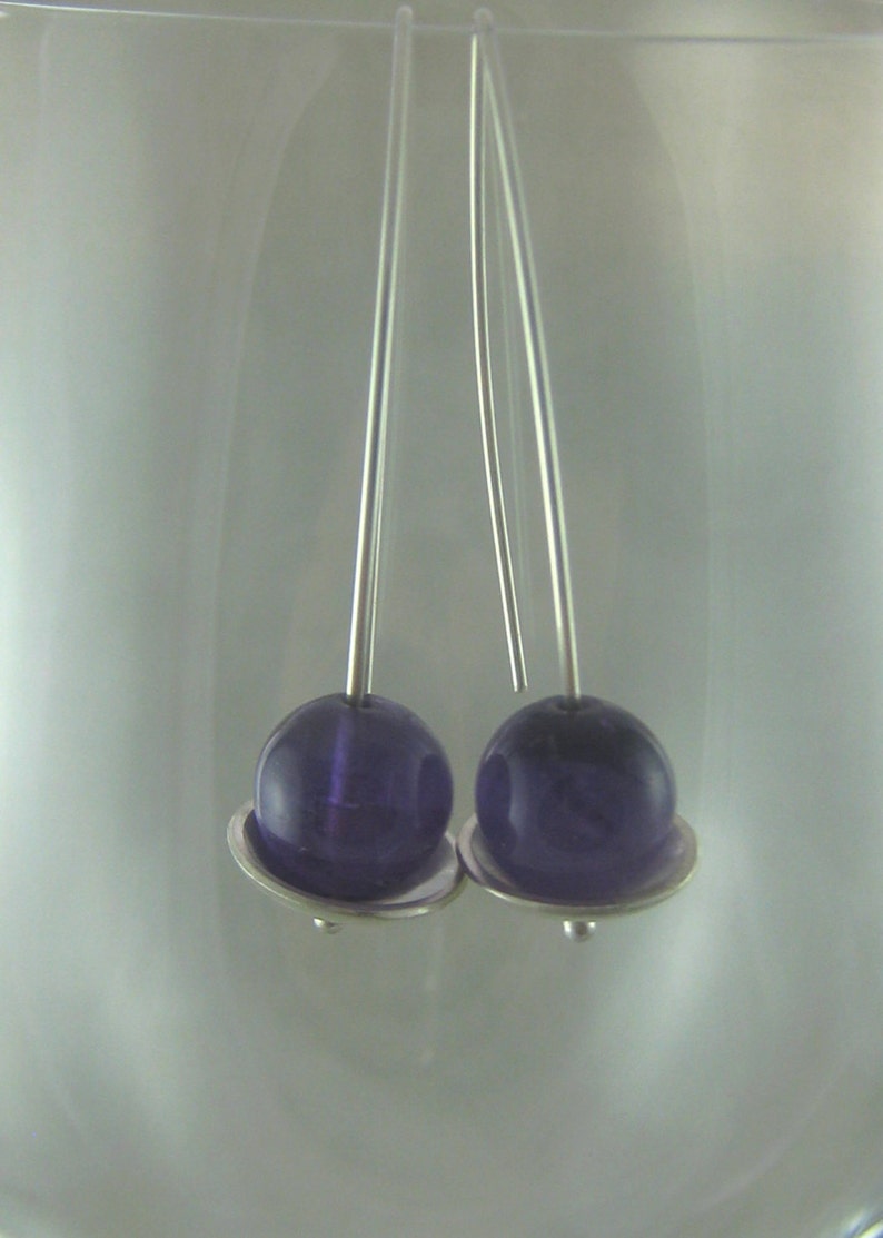 Sterling Silver and Amethyst Earrings. Sterling Silver and Purple Gemstone Dangle Earrings. Simple, Modern, Contemporary. Handmade by ZaZing image 2