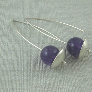 Sterling Silver and Amethyst Earrings. Sterling Silver and Purple Gemstone Dangle Earrings. Simple, Modern, Contemporary. Handmade by ZaZing image 1