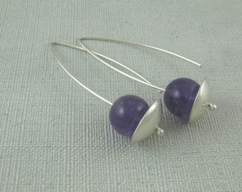 Sterling Silver and Amethyst Earrings. Sterling Silver and Purple Gemstone Dangle Earrings. Simple, Modern, Contemporary. Handmade by ZaZing