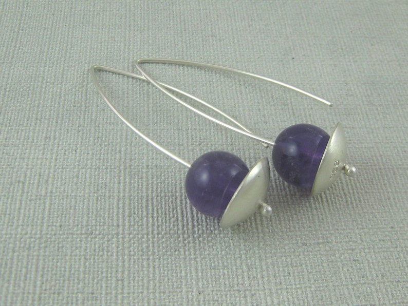 Sterling Silver and Amethyst Earrings. Sterling Silver and Purple Gemstone Dangle Earrings. Simple, Modern, Contemporary. Handmade by ZaZing image 1