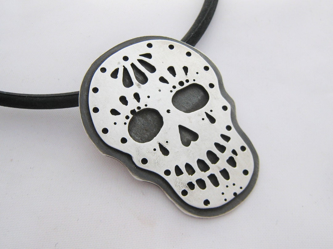 Sterling Silver Sugar Skull Necklace, Silver Skull Necklace, Day of the