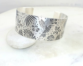 Handmade Sterling Silver Wide Cuff, Hummingbird Monstera Leaf Design