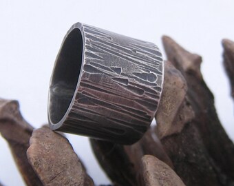 Oxidized Sterling Silver Wide Band Ring, Hammered Texture