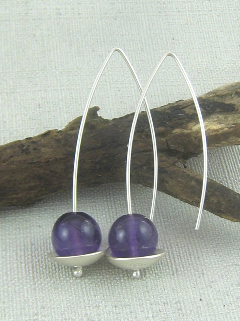 Sterling Silver and Amethyst Earrings. Sterling Silver and Purple Gemstone Dangle Earrings. Simple, Modern, Contemporary. Handmade by ZaZing image 3