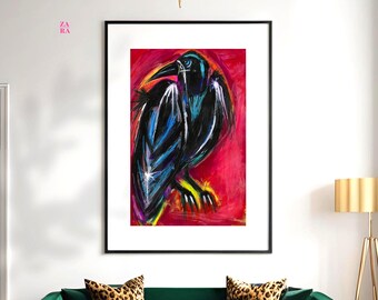 Lámina de cuervo, arte mural de cuervo melancólico, ilustración de pájaro colorido, obra de arte de cuervo místico, estampado animal gótico, decoración de cuervo, regalo para amantes de las aves
