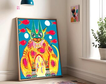 Colorful Cat Giclée Print, Modern Cat Wall Art, Vibrant Feline Portrait, Boho Cat Art, Abstract Animal Print, Cat Lover Gift, Pet Art Decor