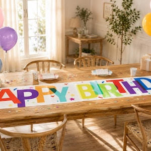 May include: A long white paper table runner featuring the text HAPPY BIRTHDAY in large, multicolored block letters. The design includes scattered confetti shapes in various colors, creating a festive look for a dining table setting.