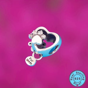 Fur Mom Charm Dog Mom Jewelry Fur Mom Gift Paw Charm Heart Charm 925 Sterling Silver, Fit Pandora Pet Lover Gift image 2