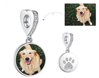 Personalized Pet Memorial Bracelet Photo charm for Bracelet Paw Print Charm, Cat Memorial Jewelry 925 Sterling Silver, Fits pandora bracelet