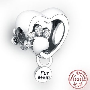 Fur Mom Charm Dog Mom Jewelry Fur Mom Gift Paw Charm Heart Charm 925 Sterling Silver, Fit Pandora Pet Lover Gift image 1