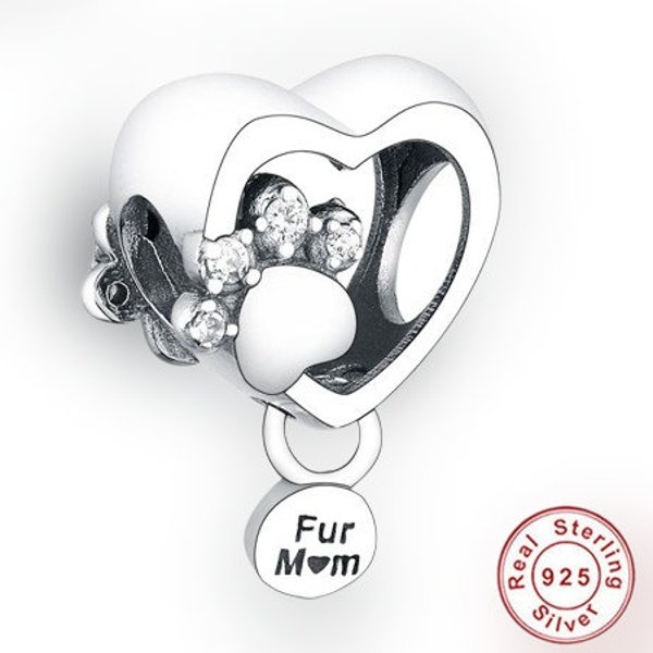 Fur Mom Charm | Dog Mom Jewelry | Fur Mom Gift | Paw Charm | Heart Charm | 925 Sterling Silver, Fit Pandora | Pet Lover Gift