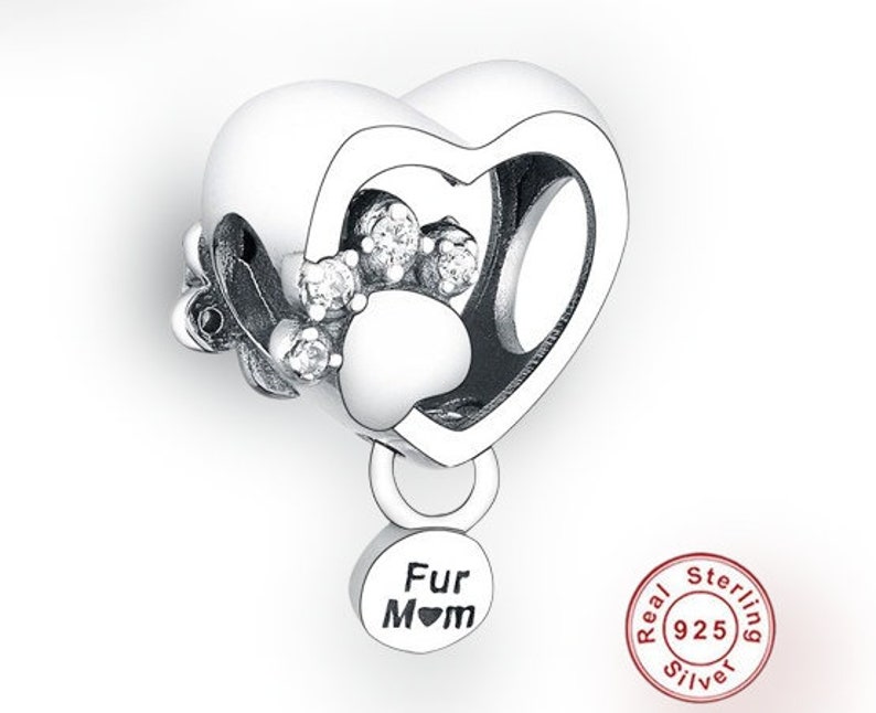 Fur Mom Charm Dog Mom Jewelry Fur Mom Gift Paw Charm Heart Charm 925 Sterling Silver, Fit Pandora Pet Lover Gift image 1