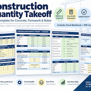 May include: A Construction Quantity Takeoff Excel template for concrete, formwork, and rebar. The image displays multiple spreadsheet views including cost inputs, project summaries, and client quotations with blue and white headers and tables.