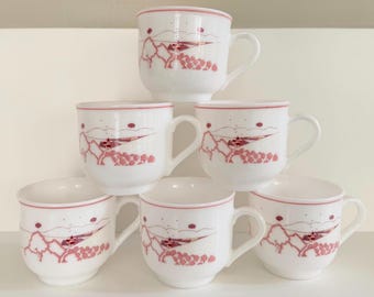 Set di 6 tazzine da caffè espresso vintage in vetro opalino Arcopal - prodotte in Francia - motivo villaggio