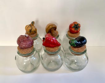 Set of 6 vintage Spice Jars with ceramic vegetable lids